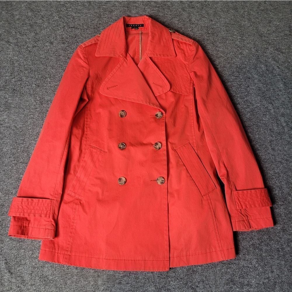 Theory Trench Coat Womens Size P Petite Double Breasted Orange Jacket
